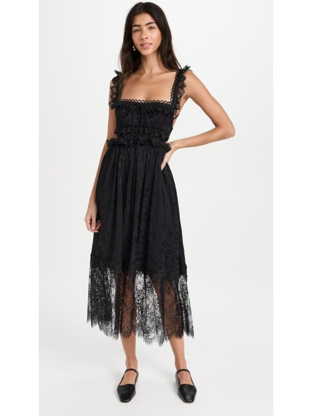 NWT For Love & Lemons Deane Midi Dress Black Backless Ruffled Jacquard Lace XXS